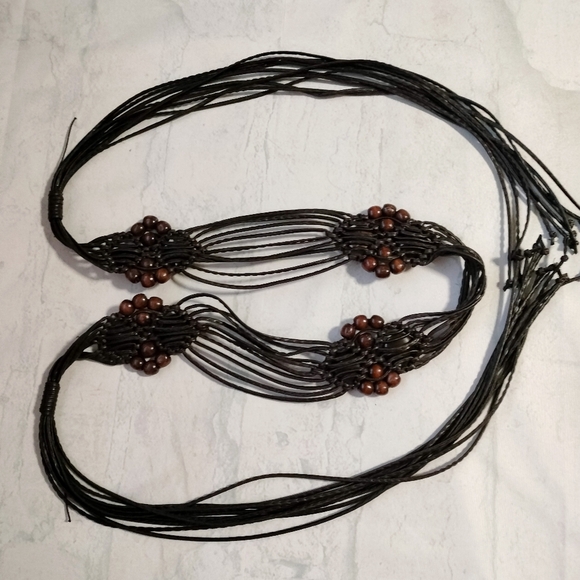 Vintage Boho Macramé Women's Belt Beaded Adjustable Tie Closure Vegan Leather - Picture 8 of 12